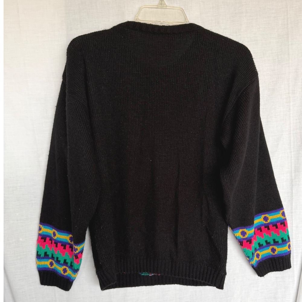 Vintage 80s 90s Southwestern Retro Eclectic Geometric Knit Sweater Black Large - Picture 2 of 7